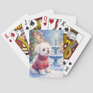 Watercolor Bichon Frise Festive Fountain Christmas Playing Cards