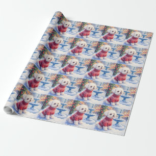 Watercolor Bichon Frise Festive Fountain Christmas Wrapping Paper