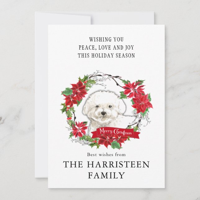 Watercolor Bichon Frise Poinsettia Wreath Holiday Card (Front)
