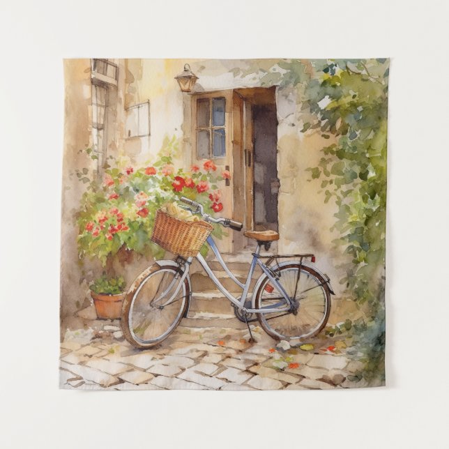 Watercolor Bicycle Art Tapestry (Front)