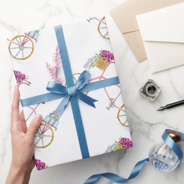 Watercolor Bicycle Delivering Cake & Floral Wrapping Paper (Gifting)