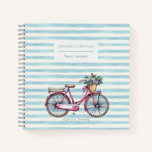 Watercolor Bicycle Pretty Striped Travel Journal (Front)