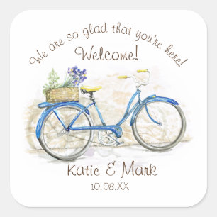 Watercolor Bicycle with Basket Welcome Square Sticker