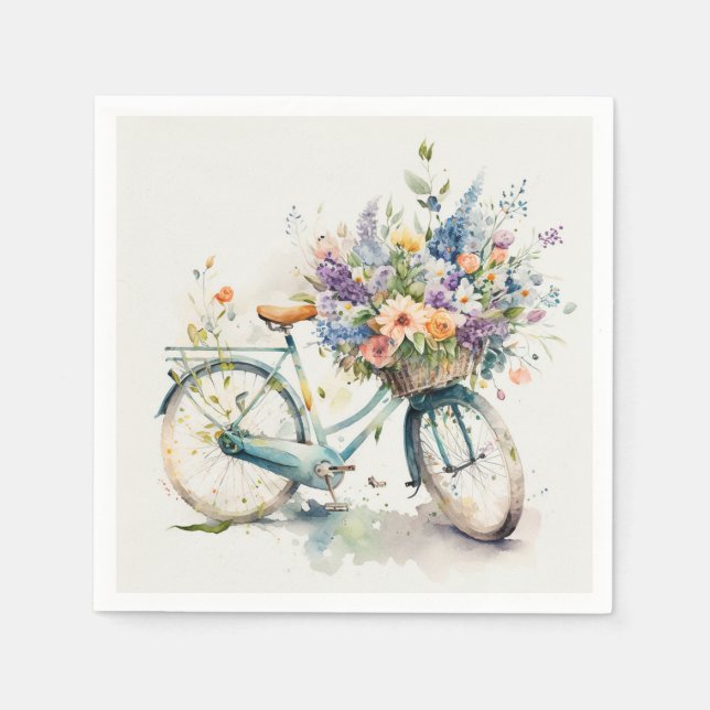 Watercolor Bicycle With Flower Basket Napkin (Front)