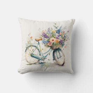 Watercolor Bike with Flower Basket Cushion