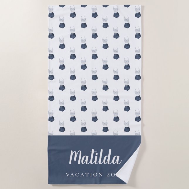 Watercolor bikini blue and white personalised beac beach towel (Front)