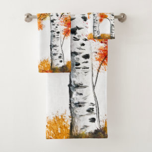 Watercolor Birches Trees Fall Autumn orange Leaves Bath Towel Set