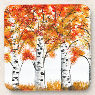 Watercolor Birches Trees Fall Autumn orange Leaves Coaster
