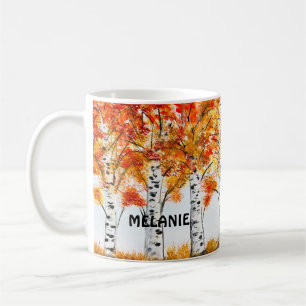 Watercolor Birches Trees Fall Autumn orange Leaves Coffee Mug