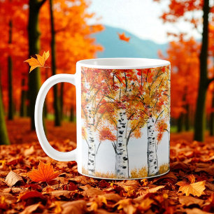 Watercolor Birches Trees Fall Autumn orange Leaves Coffee Mug