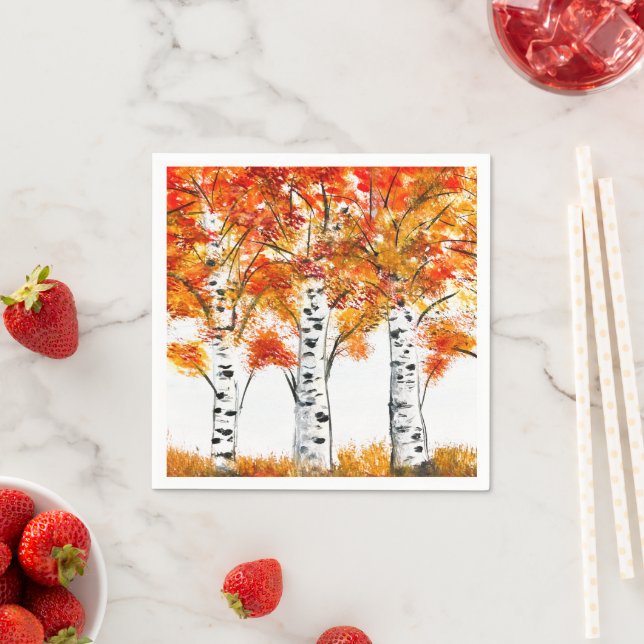 Watercolor Birches Trees Fall Autumn orange Leaves Napkin (Insitu)