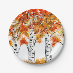 Watercolor Birches Trees Fall Autumn orange Leaves Paper Plate