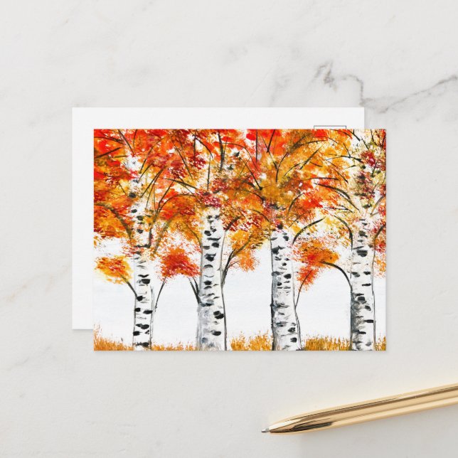 Watercolor Birches Trees Fall Autumn orange Leaves Postcard (Front/Back In Situ)
