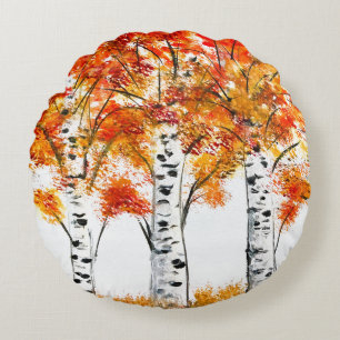 Watercolor Birches Trees Fall Autumn orange Leaves Round Cushion