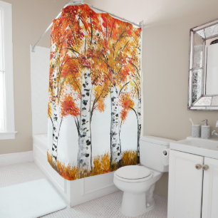 Watercolor Birches Trees Fall Autumn orange Leaves Shower Curtain