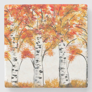 Watercolor Birches Trees Fall Autumn orange Leaves Stone Coaster