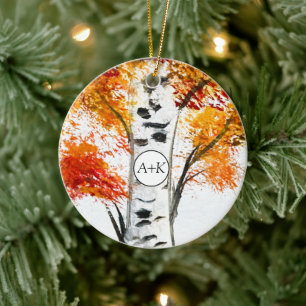 Watercolor Birches Trees Fall Autumn Wedding Ceramic Tree Decoration