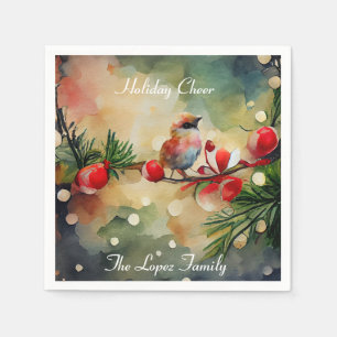 Watercolor Bird and Berry Branch Christmas Napkin