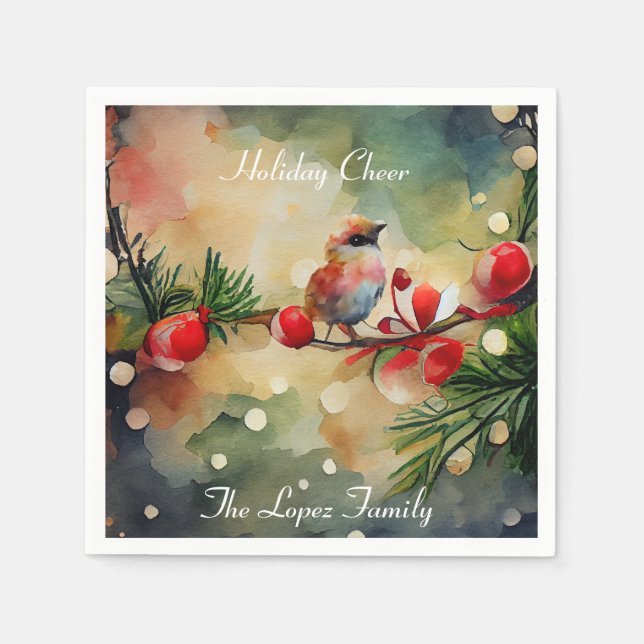 Watercolor Bird and Berry Branch Christmas Napkin (Front)