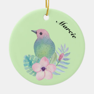 Watercolor Bird and Flower Ceramic Tree Decoration