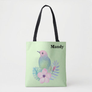 Watercolor Bird and Flower Tote Bag