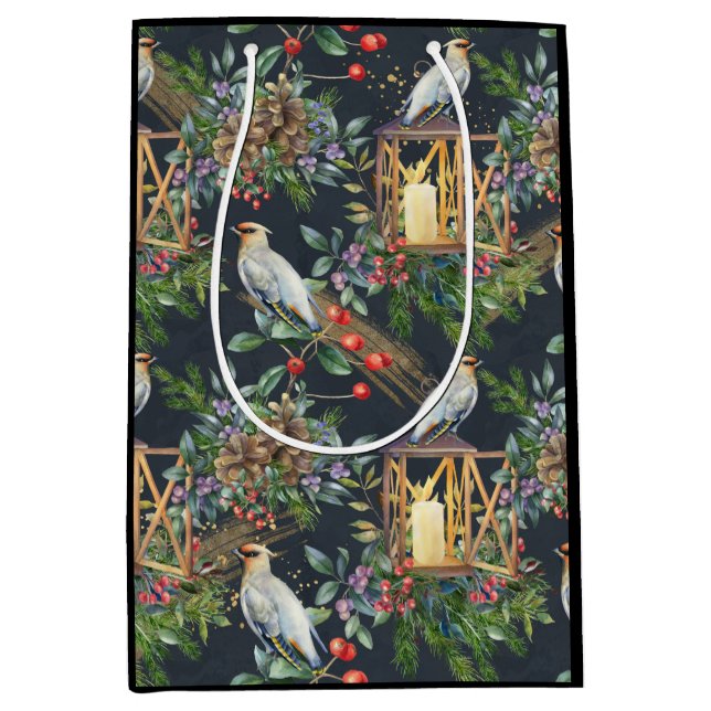 Watercolor Bird and Lantern Design Christmas Medium Gift Bag (Front)