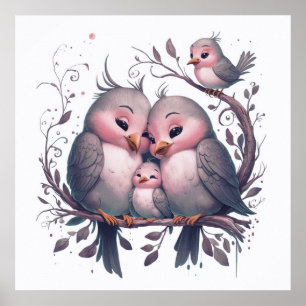 Watercolor bird family with kids#5 poster
