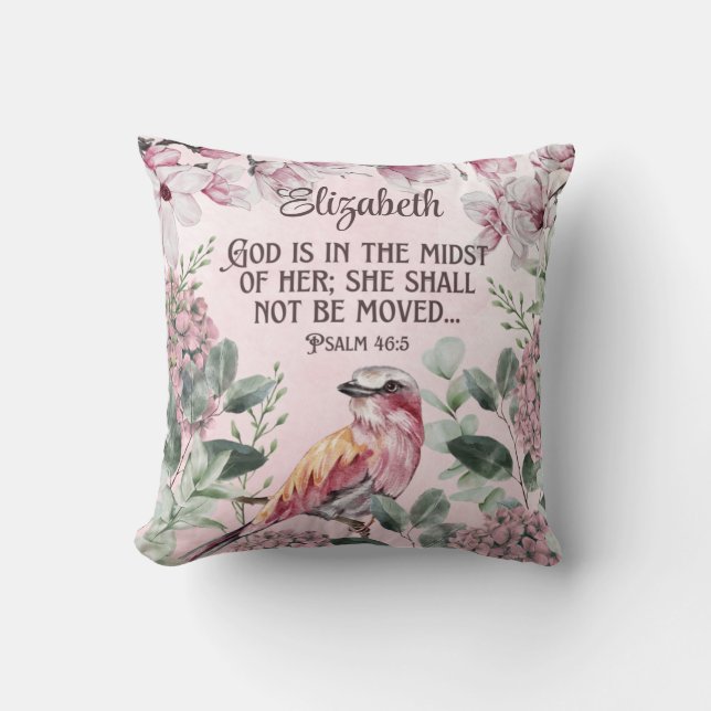 Watercolor Bird Flowers Christian Scripture Name   Cushion (Front)
