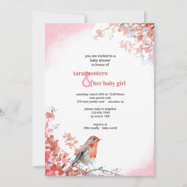 Watercolor Bird in Pink Invitation (Front)