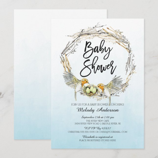 Watercolor Bird Nest Triplets Baby Shower Invite (Front/Back)