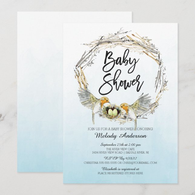 Watercolor Bird Nest Twins Baby Shower Invite (Front/Back)