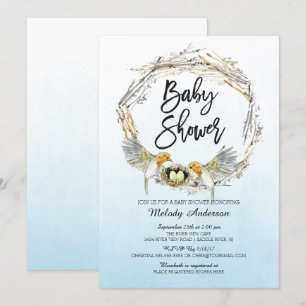 Watercolor Bird Nest Twins Baby Shower Invite