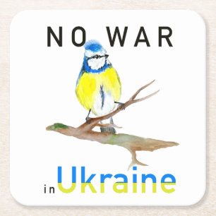 Watercolor bird No war in Ukraine Square Paper Coaster