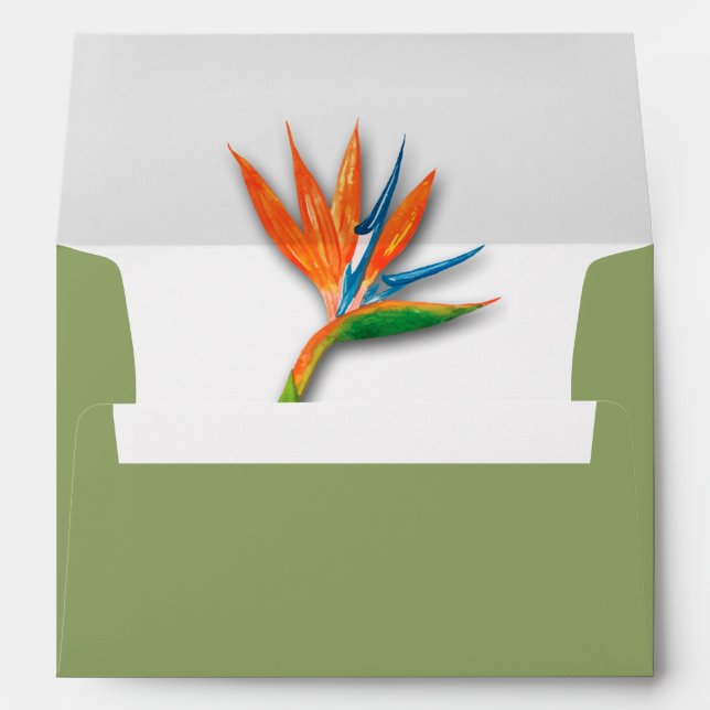 Watercolor Bird of Paradise Lined Green Envelope (Back (Bottom))