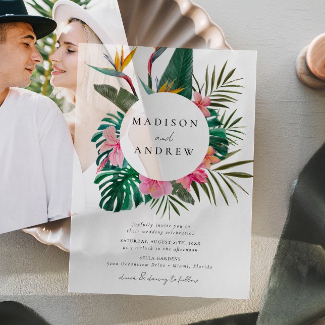 Watercolor Bird of Paradise Wreath Wedding Vellum Invitations (Creator Uploaded)