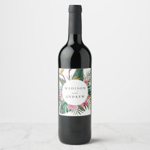 Watercolor Bird of Paradise Wreath Wedding  Wine Label