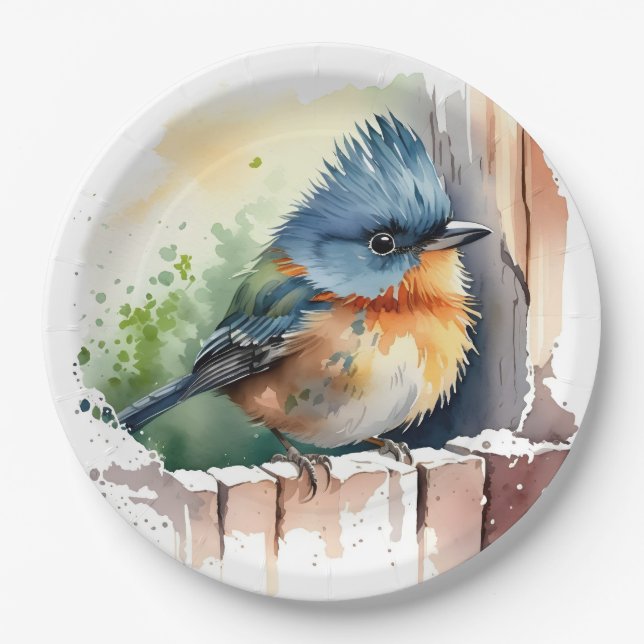 Watercolor Bird On A Fence Paper Plate (Front)