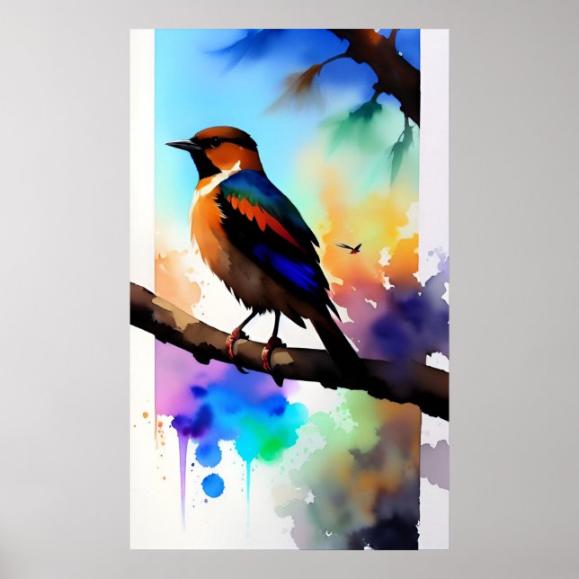 Watercolor bird on branch poster (Front)