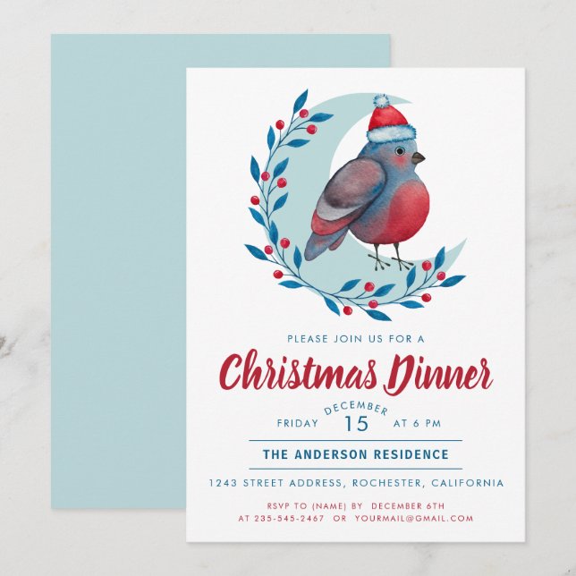 Watercolor Bird On Moon Christmas Dinner Party Invitation (Front/Back)