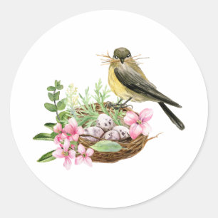 Watercolor Bird on the Nest with Pink Flowers  Classic Round Sticker