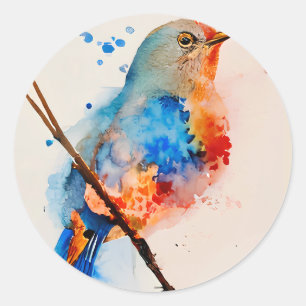 Watercolor Bird Painting Canvas Wall Art Blue Bird Classic Round Sticker