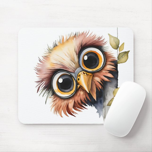 Watercolor Bird Peeking Around Tree Mouse Mat (With Mouse)
