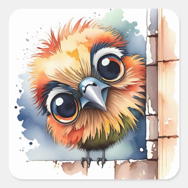 Watercolor Bird Sitting On a Wall Square Sticker (Front)
