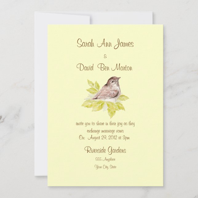Watercolor Bird Sparrow Wedding Invite, Nature Invitation (Front)