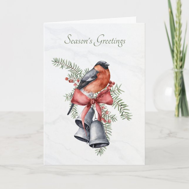 Watercolor Bird with Bells and Pine Branches Holiday Card (Front)