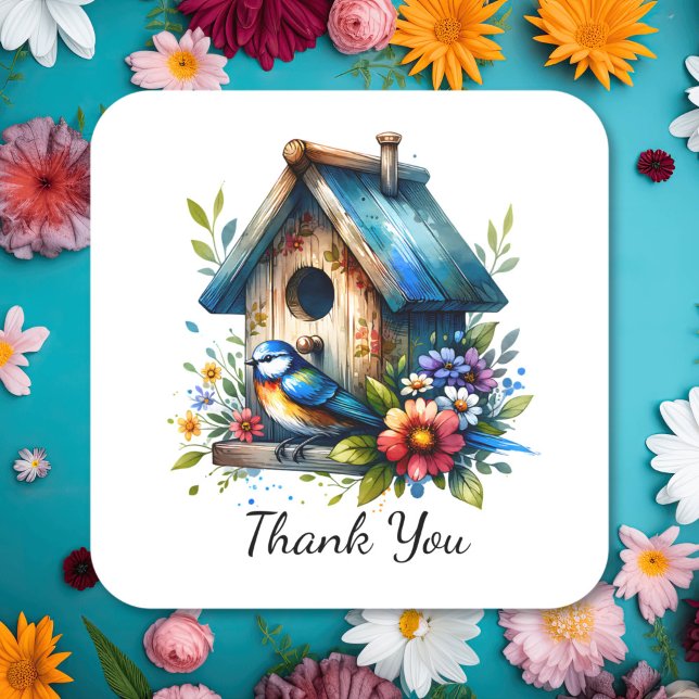  Watercolor Birdhouse and Bird Thank You Square Sticker (Creator Uploaded)