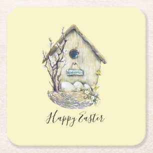 Watercolor Birdhouse Egg Nest Easter Square Paper Coaster