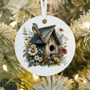 Watercolor Birdhouse Personalised Christmas Metal Tree Decoration
