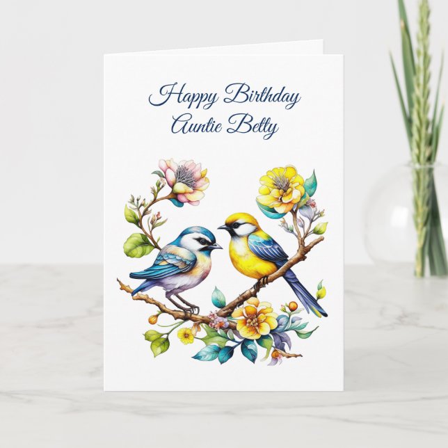 Watercolor Birds and Flowers Auntie's Birthday Card (Front)