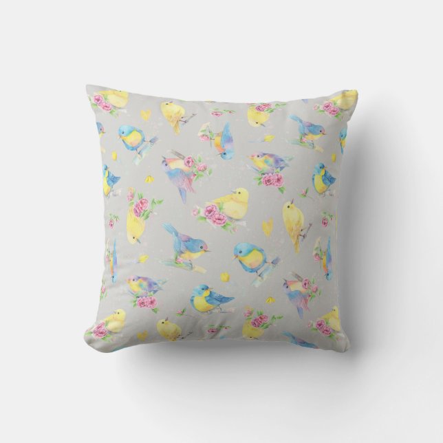 Watercolor Birds and Flowers Pattern hand drawn Cushion (Front)